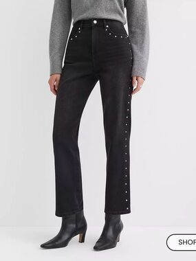 Studded High Rise Straight Jeans in Washed Black